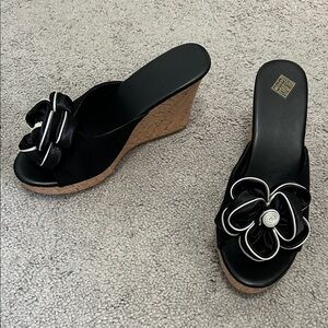 (SOLD) Black Wedge Slide Sandals with Floral Accent